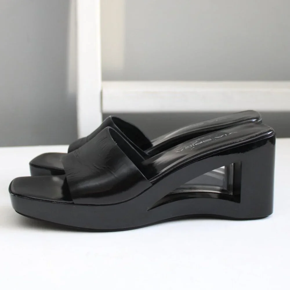 Via Spiga Black Acrylic Lucite Platform Wedge Cut-Out Heel Sandals Size 8.5 - Picture 3 of 8